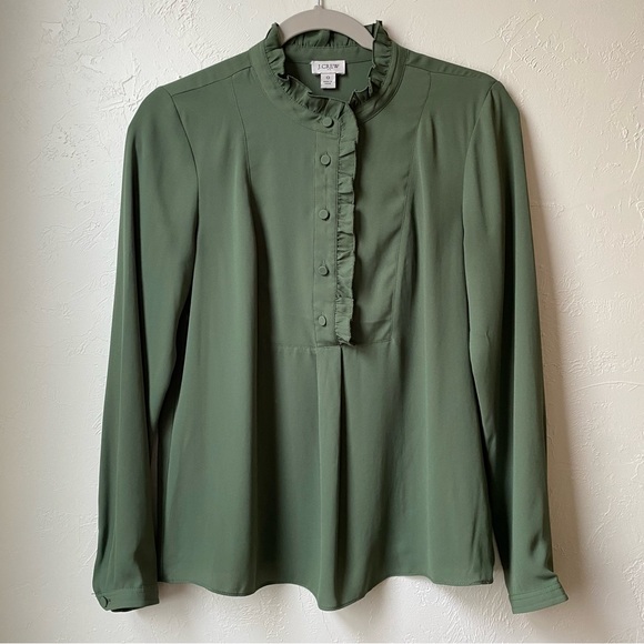 J. Crew Green Ruffle Front Half Button Blouse Size 0 - Picture 3 of 6